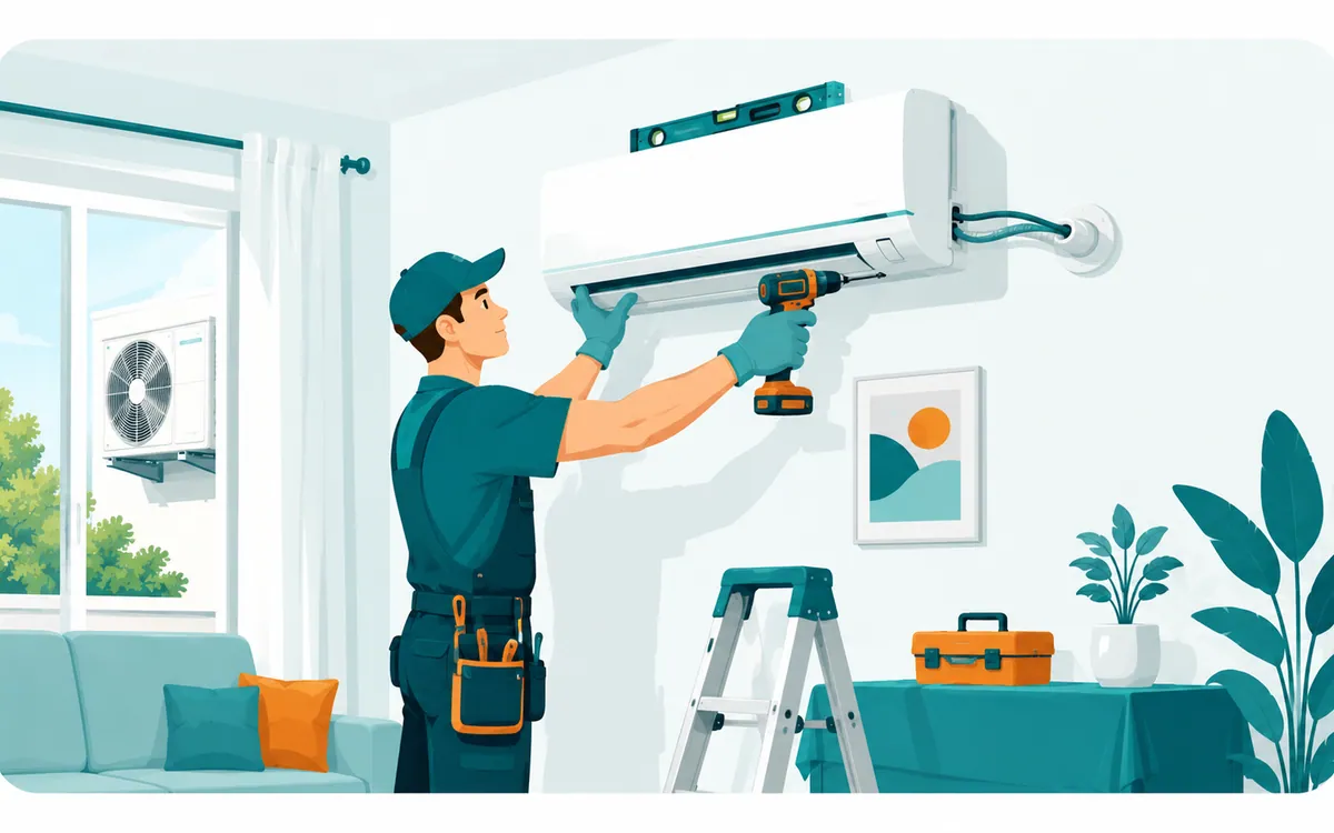 Instalador colocando la unidad interior de un aire acondicionado split en la pared