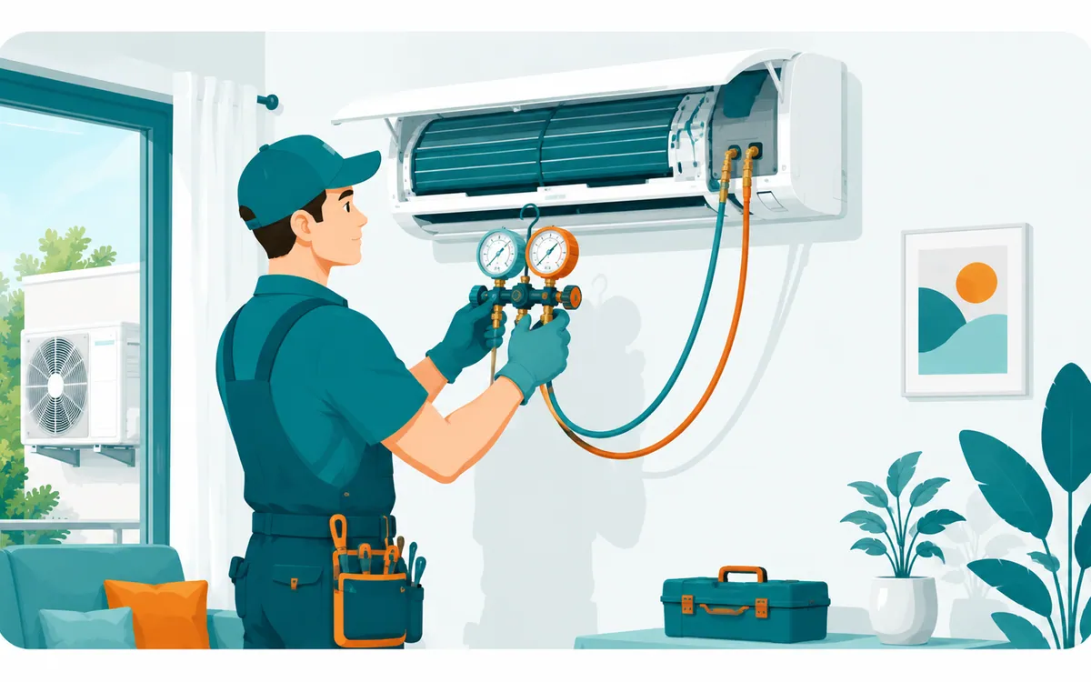 Técnico midiendo la presión del gas de un aire acondicionado con manómetros